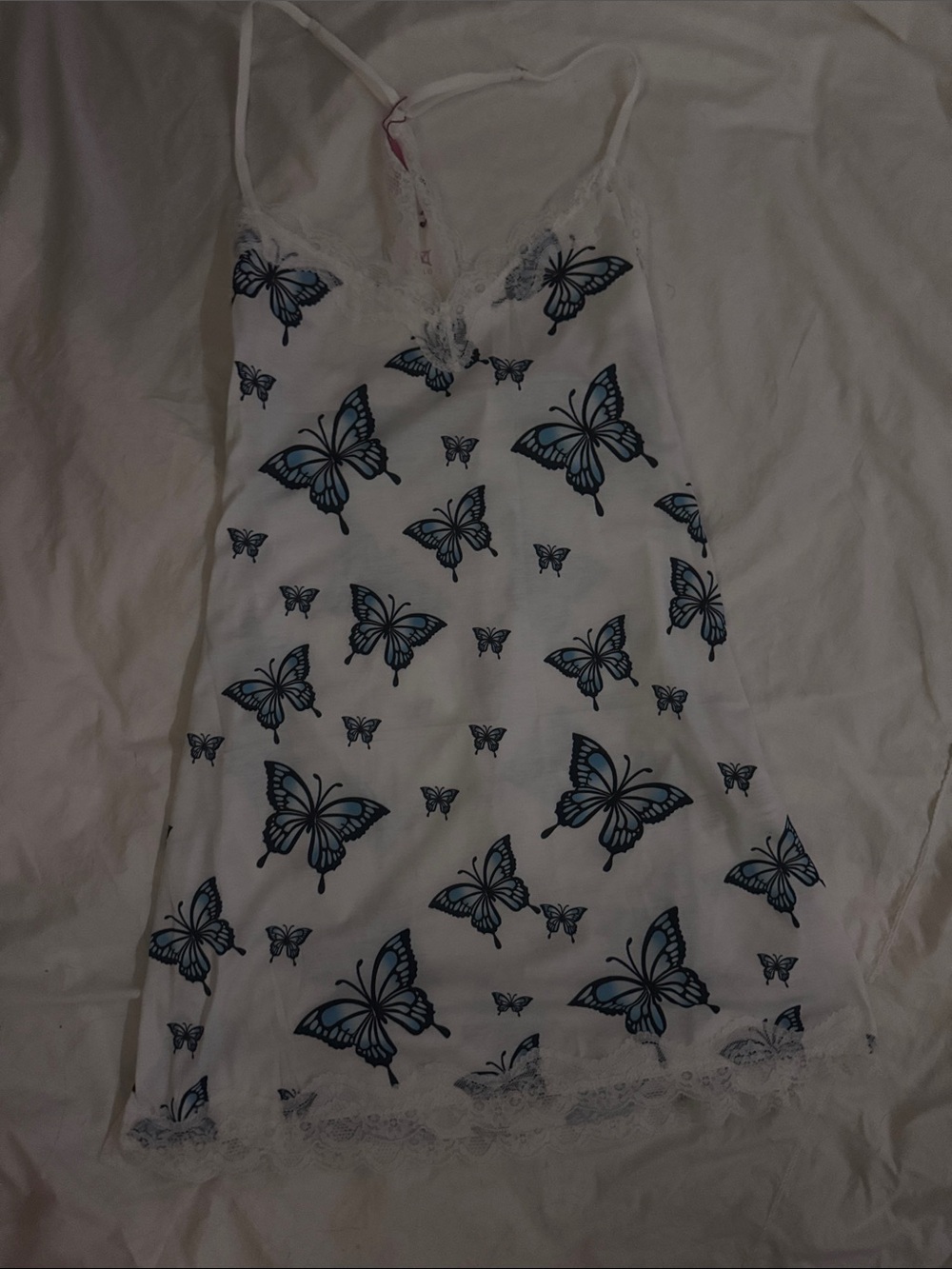 Lace Trim Butterfly Slip Chemise - White with Blue Butterflies